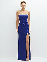 Front View Thumbnail - Cobalt Blue Strapless Topstitched Corset Satin Maxi Dress with Draped Column Skirt