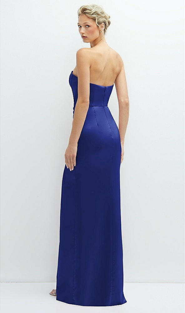 Back View - Cobalt Blue Strapless Topstitched Corset Satin Maxi Dress with Draped Column Skirt