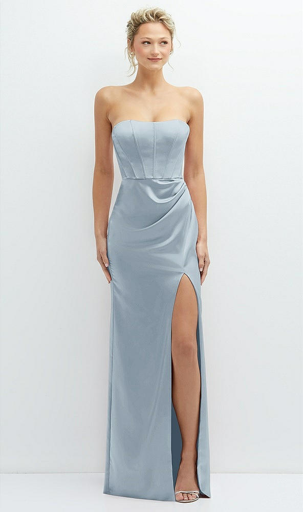 Front View - Mist Strapless Topstitched Corset Satin Maxi Dress with Draped Column Skirt