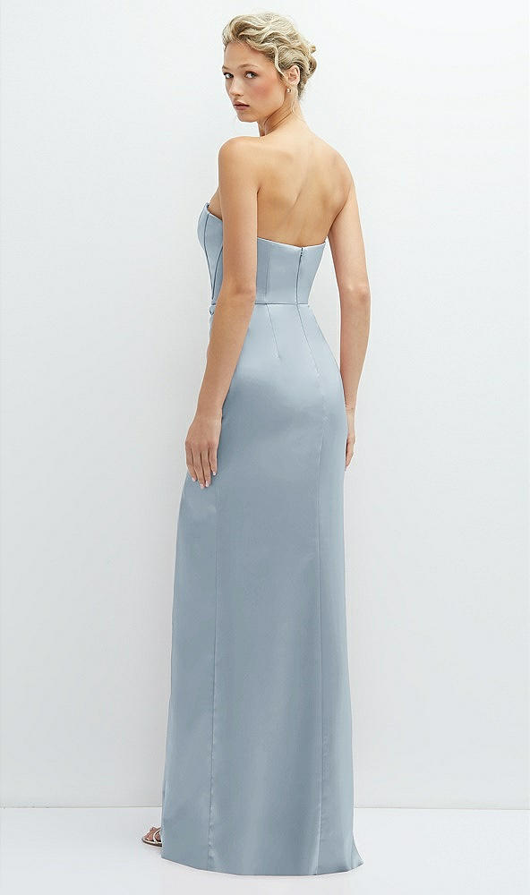 Back View - Mist Strapless Topstitched Corset Satin Maxi Dress with Draped Column Skirt