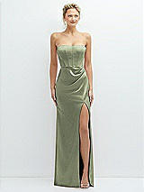 Front View Thumbnail - Sage Strapless Topstitched Corset Satin Maxi Dress with Draped Column Skirt