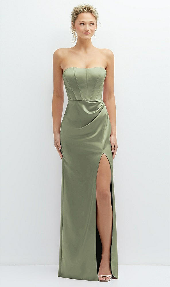 Front View - Sage Strapless Topstitched Corset Satin Maxi Dress with Draped Column Skirt