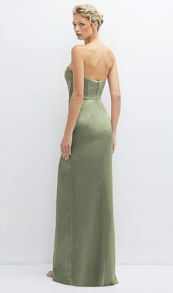 Back View - Sage Strapless Topstitched Corset Satin Maxi Dress with Draped Column Skirt