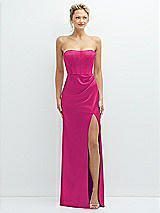 Front View Thumbnail - Think Pink Strapless Topstitched Corset Satin Maxi Dress with Draped Column Skirt