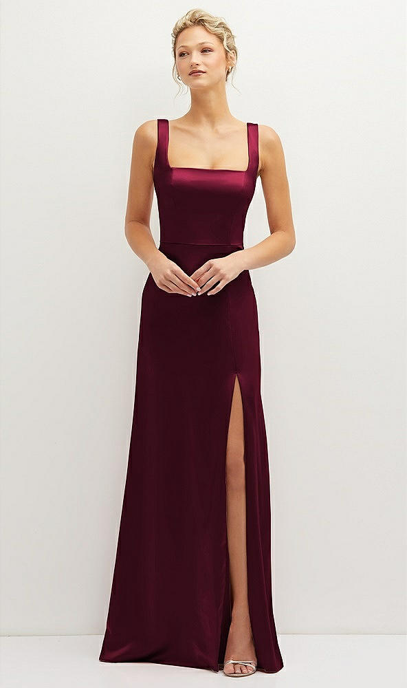 Front View - Cabernet Square-Neck Satin A-line Maxi Dress with Front Slit