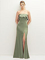Front View Thumbnail - Sage Soft Ruffle Cuff Strapless Trumpet Dress with Front Slit