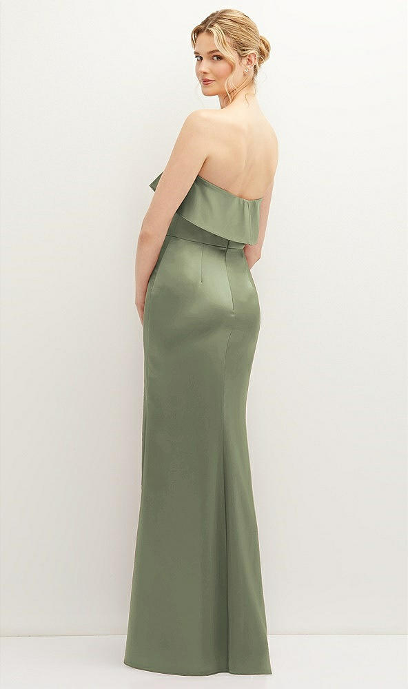 Back View - Sage Soft Ruffle Cuff Strapless Trumpet Dress with Front Slit