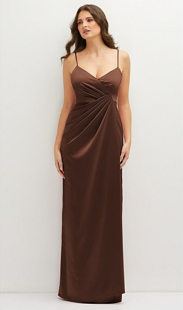 Front View - Cognac Asymmetrical Draped Pleat Wrap Satin Maxi Dress