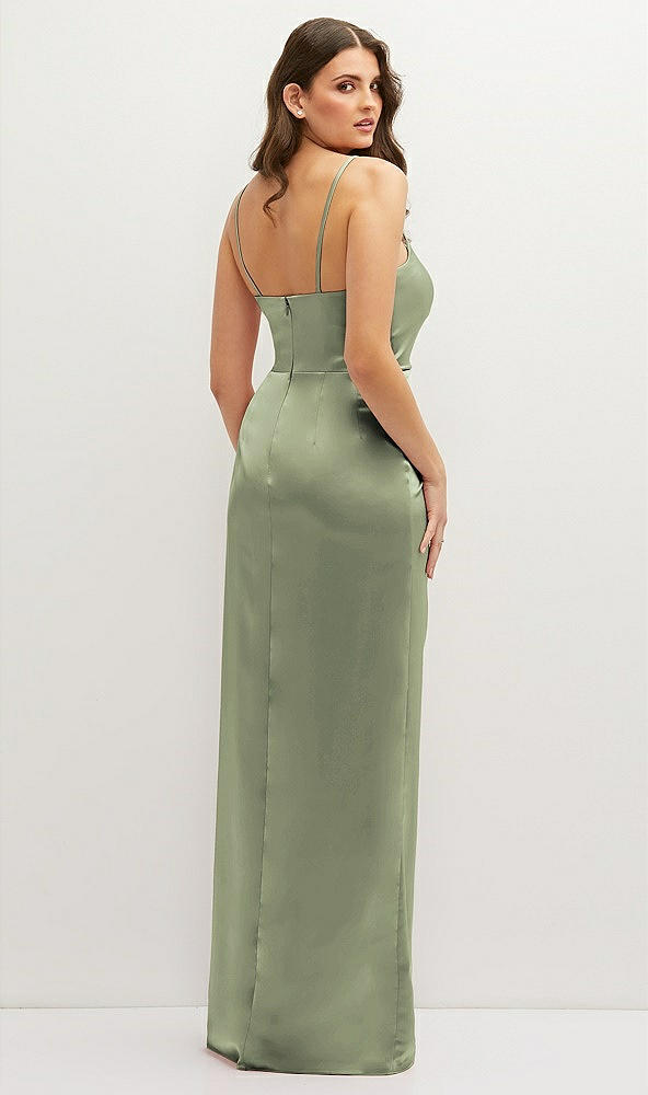 Back View - Sage Asymmetrical Draped Pleat Wrap Satin Maxi Dress