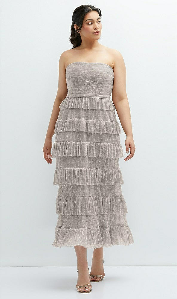 Front View - Metallic Taupe Ruffle Tiered Skirt Metallic Pleated Strapless Midi Dress