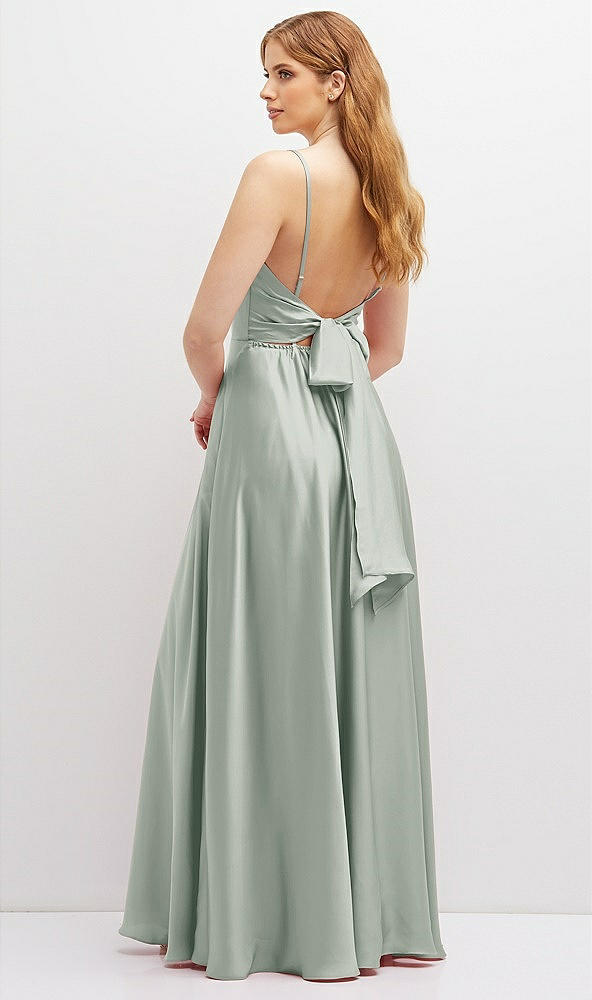 Back View - Willow Green Adjustable Sash Tie Back Satin Maxi Dress with Full Skirt