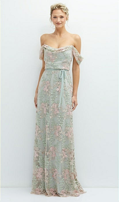 Off-the-shoulder A-line Floral Embroidered Bridesmaid Dress With Skinny Tie  Sash In Willow Green | The Dessy Group