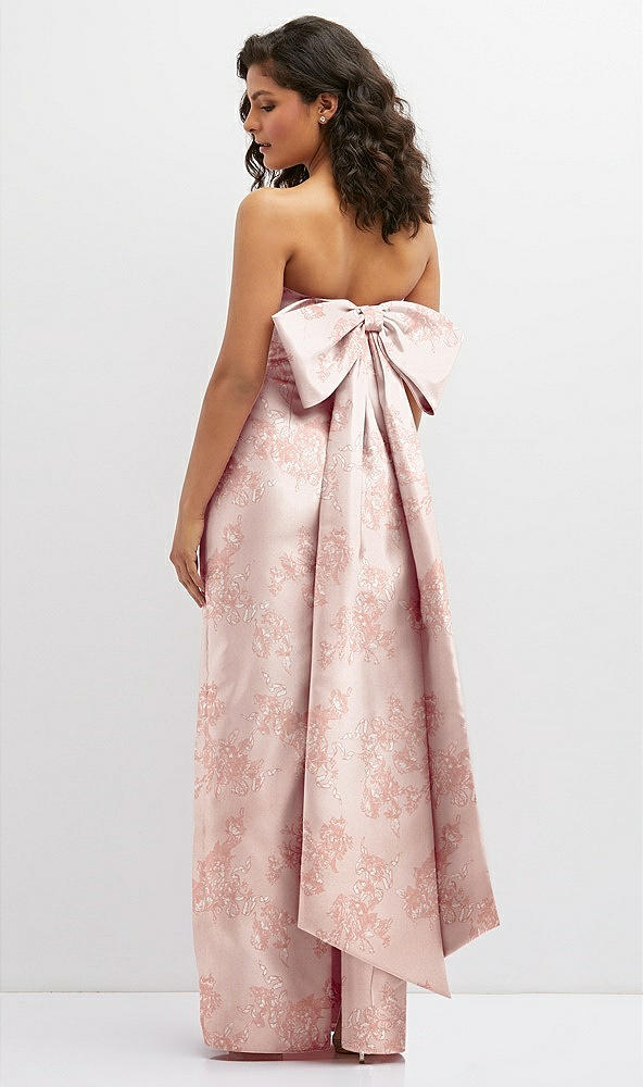Back View - Bow And Blossom Print Floral Strapless Draped Bodice Column Dress with Oversized Bow