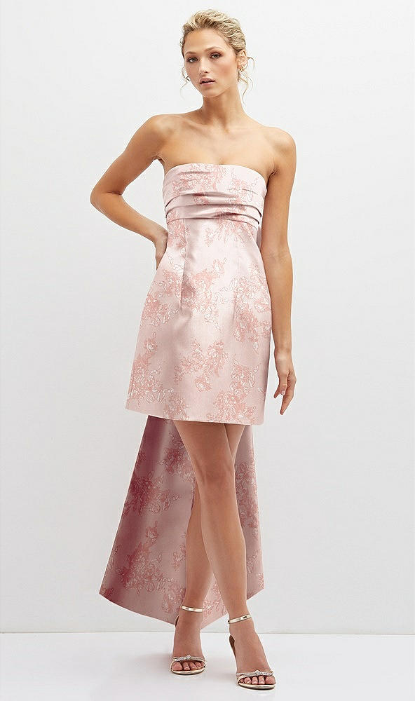 Front View - Bow And Blossom Print Floral Strapless Satin Column Mini Dress with Oversized Bow