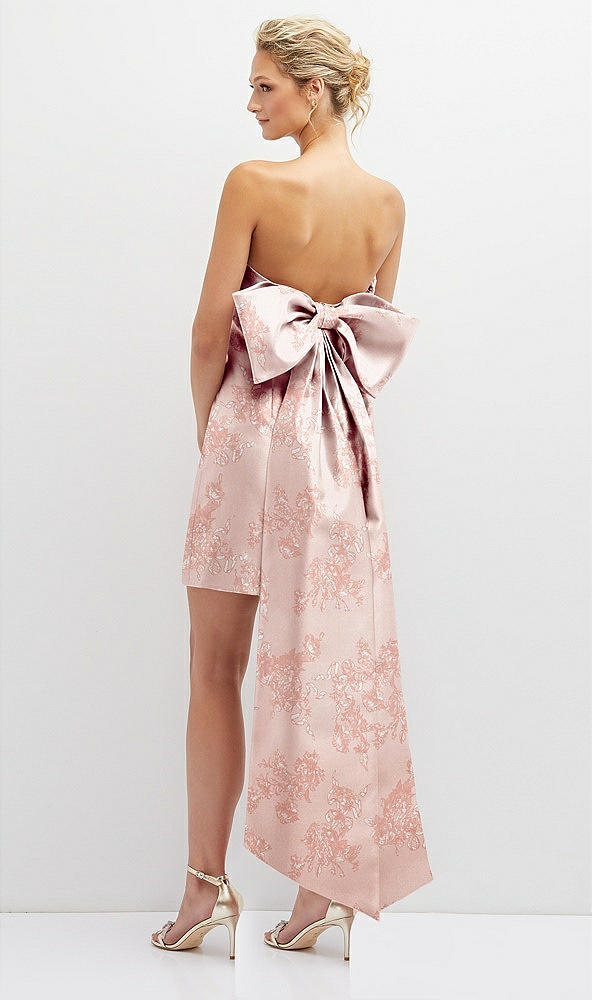 Back View - Bow And Blossom Print Floral Strapless Satin Column Mini Dress with Oversized Bow