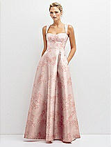 Front View Thumbnail - Bow And Blossom Print Floral Lace-Up Back Bustier Satin Dress with Full Skirt and Pockets