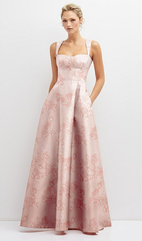 Front View - Bow And Blossom Print Floral Lace-Up Back Bustier Satin Dress with Full Skirt and Pockets