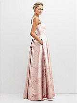 Side View Thumbnail - Bow And Blossom Print Floral Lace-Up Back Bustier Satin Dress with Full Skirt and Pockets