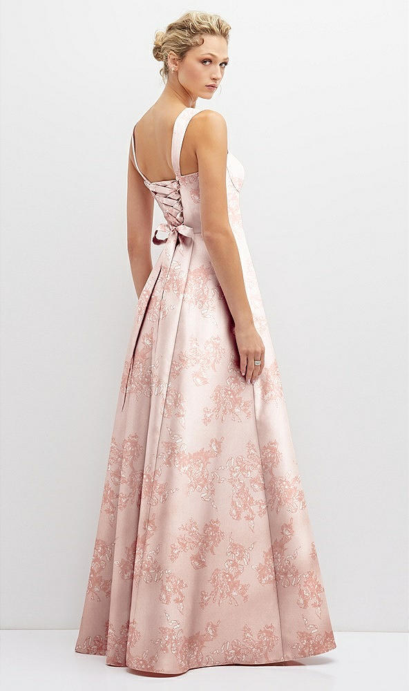 Back View - Bow And Blossom Print Floral Lace-Up Back Bustier Satin Dress with Full Skirt and Pockets