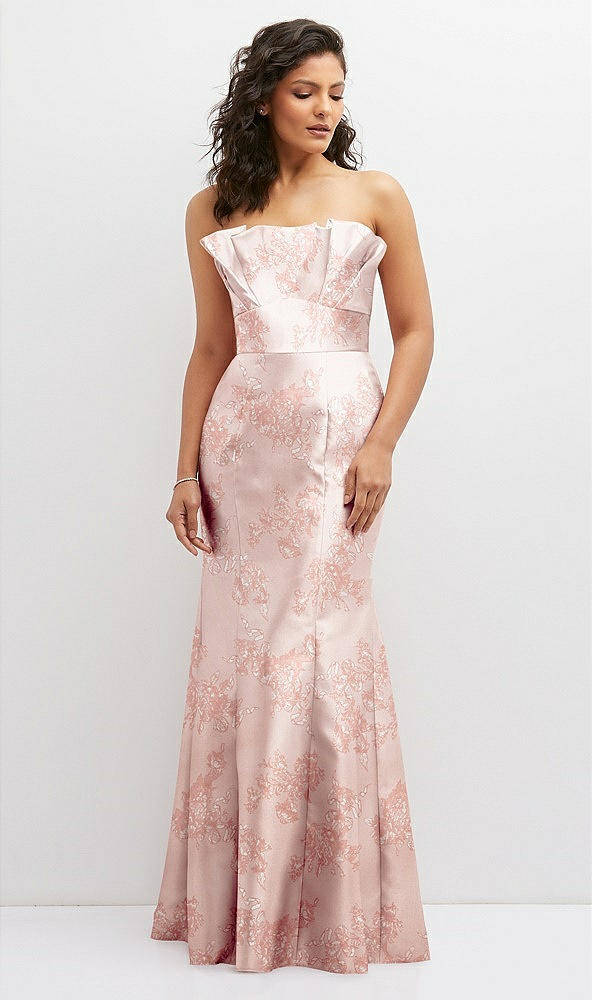 Front View - Bow And Blossom Print Floral Strapless Satin Fit and Flare Dress with Crumb-Catcher Bodice