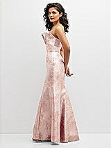 Side View Thumbnail - Bow And Blossom Print Floral Strapless Satin Fit and Flare Dress with Crumb-Catcher Bodice