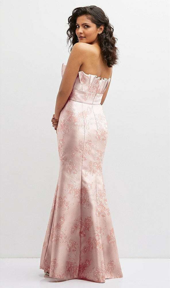 Back View - Bow And Blossom Print Floral Strapless Satin Fit and Flare Dress with Crumb-Catcher Bodice