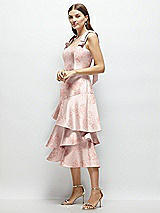 Alt View 2 Thumbnail - Bow And Blossom Print Floral Bow-Shoulder Satin Midi Dress with Asymmetrical Tiered Skirt