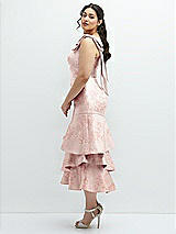 Front View Thumbnail - Bow And Blossom Print Floral Bow-Shoulder Satin Midi Dress with Asymmetrical Tiered Skirt