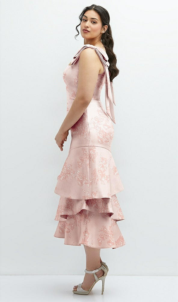 Front View - Bow And Blossom Print Floral Bow-Shoulder Satin Midi Dress with Asymmetrical Tiered Skirt