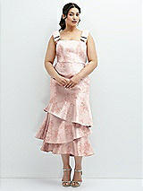 Side View Thumbnail - Bow And Blossom Print Floral Bow-Shoulder Satin Midi Dress with Asymmetrical Tiered Skirt