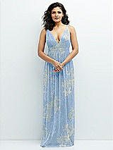 Front View Thumbnail - Larkspur Gold Foil Plunge V-Neck Metallic Pleated Maxi Dress with Floral Gold Foil Print