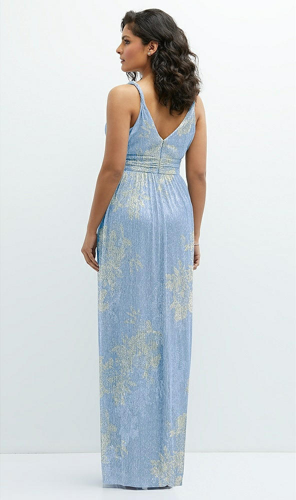 Back View - Larkspur Gold Foil Plunge V-Neck Metallic Pleated Maxi Dress with Floral Gold Foil Print