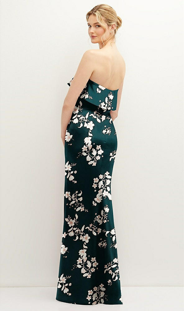 Back View - Vintage Primrose Evergreen Floral Soft Ruffle Cuff Strapless Trumpet Dress with Front Slit