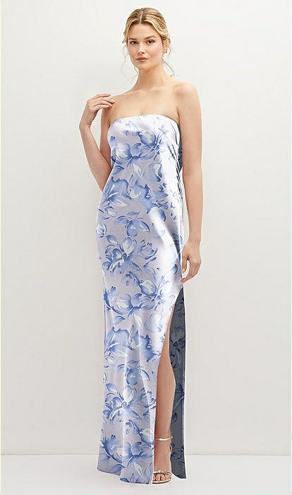 Strapless Pull-on Floral Satin Column Bridesmaid Dress With Side Seam Slit  In Magnolia Sky | The Dessy Group