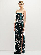Alt View 1 Thumbnail - Vintage Primrose Evergreen Strapless Pull-On Floral Satin Column Dress with Side Seam Slit