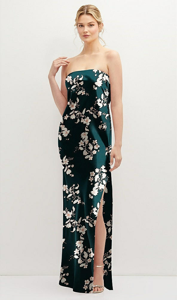 Front View - Vintage Primrose Evergreen Strapless Pull-On Floral Satin Column Dress with Side Seam Slit