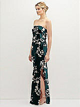 Side View Thumbnail - Vintage Primrose Evergreen Strapless Pull-On Floral Satin Column Dress with Side Seam Slit