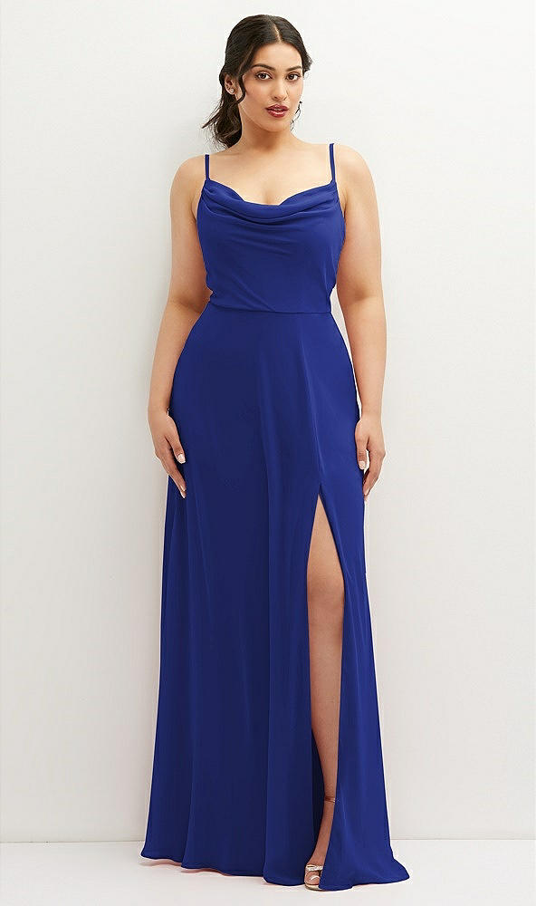 Front View - Cobalt Blue Soft Cowl-Neck A-Line Maxi Dress with Adjustable Straps