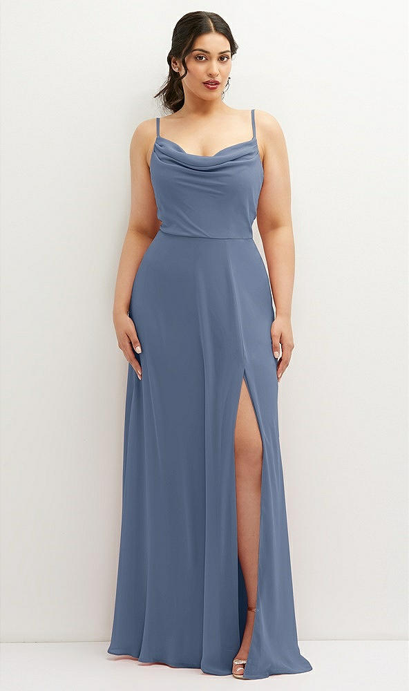 Front View - Larkspur Blue Soft Cowl-Neck A-Line Maxi Dress with Adjustable Straps