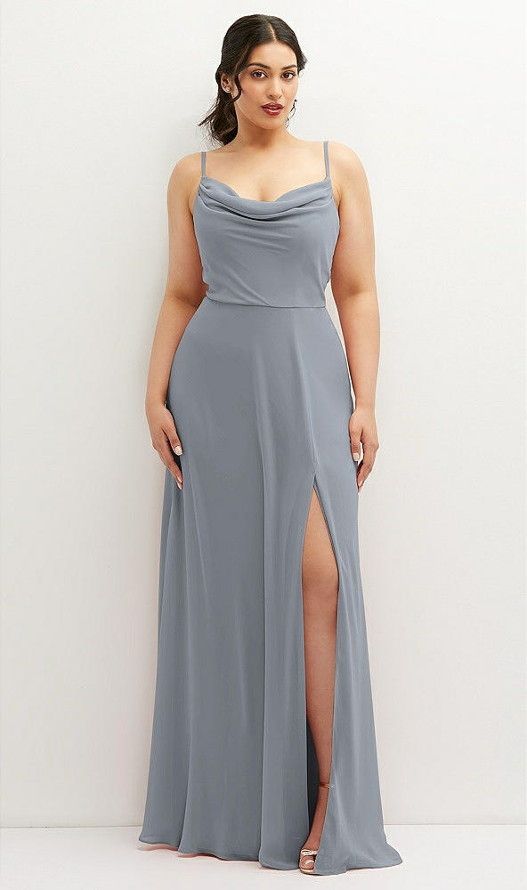 Front View - Platinum Soft Cowl-Neck A-Line Maxi Dress with Adjustable Straps