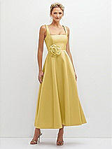 Front View Thumbnail - Maize Square Neck Satin Midi Dress with Full Skirt & Flower Sash