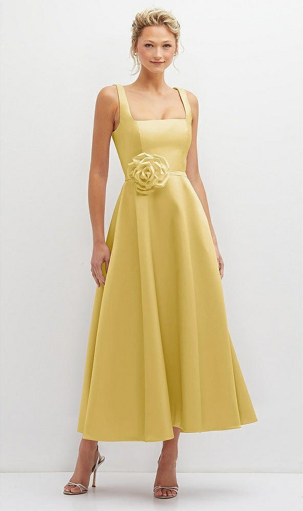 Front View - Maize Square Neck Satin Midi Dress with Full Skirt & Flower Sash