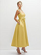 Side View Thumbnail - Maize Square Neck Satin Midi Dress with Full Skirt & Flower Sash