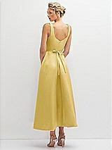 Rear View Thumbnail - Maize Square Neck Satin Midi Dress with Full Skirt & Flower Sash