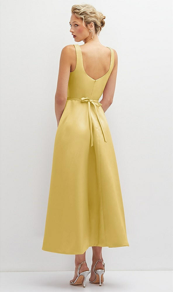 Back View - Maize Square Neck Satin Midi Dress with Full Skirt & Flower Sash