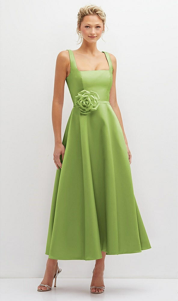 Front View - Mojito Square Neck Satin Midi Dress with Full Skirt & Flower Sash