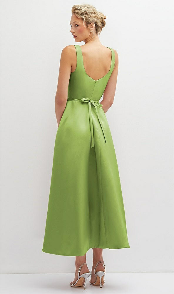 Back View - Mojito Square Neck Satin Midi Dress with Full Skirt & Flower Sash