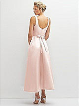 Rear View Thumbnail - Blush Square Neck Satin Midi Dress with Full Skirt & Flower Sash