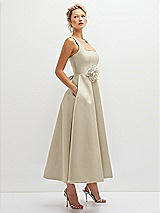 Side View Thumbnail - Champagne Square Neck Satin Midi Dress with Full Skirt & Flower Sash