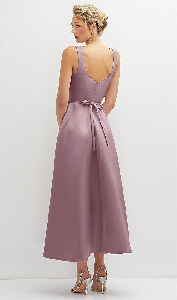 Back View - Dusty Rose Square Neck Satin Midi Dress with Full Skirt & Flower Sash